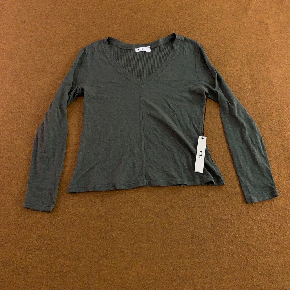 Wilt Womens Small Grey Kambaba Mixed Media Slub Ribbed V-Neck Long Sleeve Top